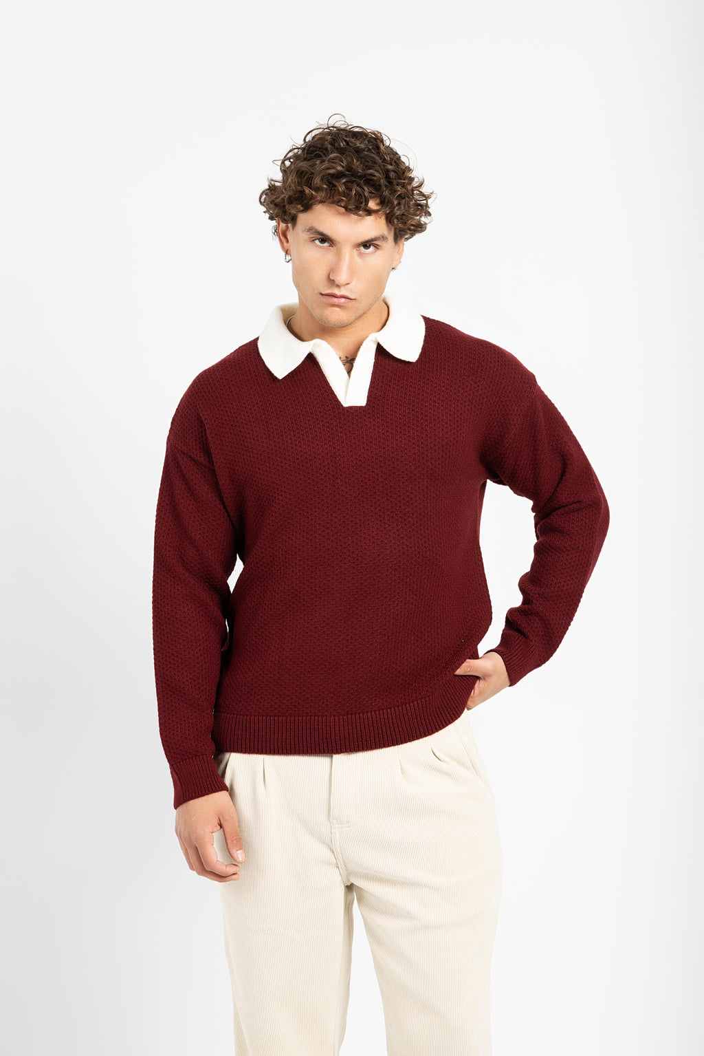 Untchd Burgundy V-Neck Knit Sweater