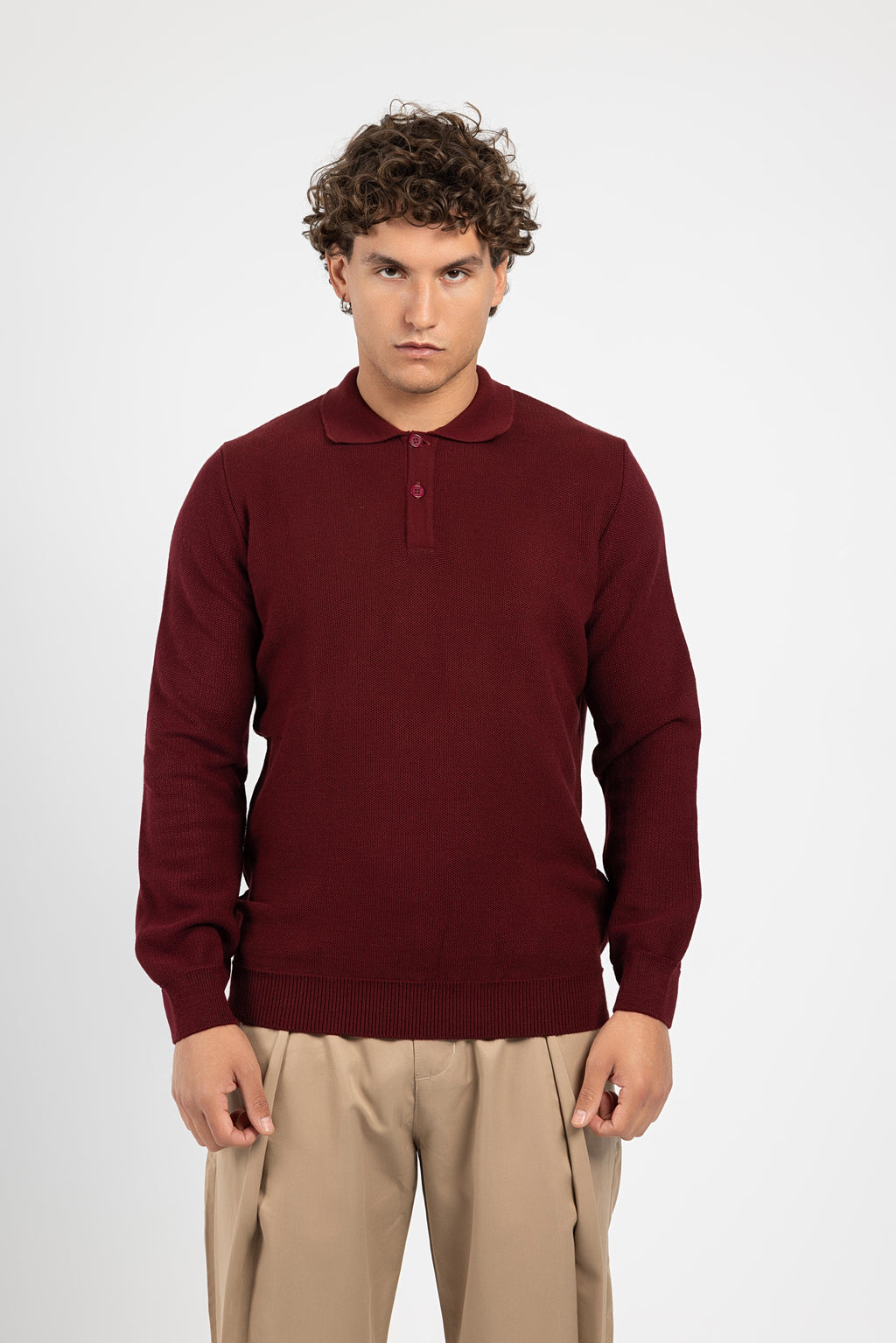 Untchd Burgundy Buttoned V-Neck Knit Sweater