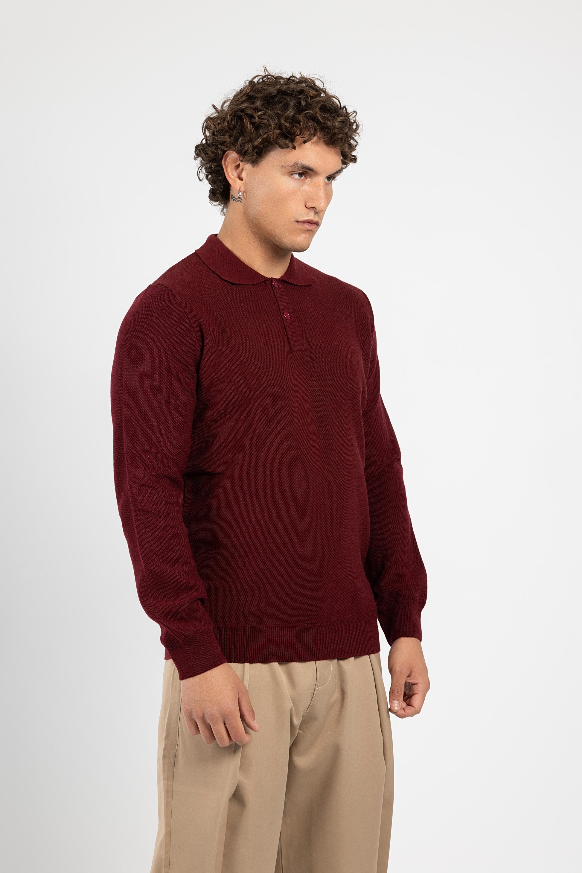 Untchd Burgundy Buttoned V-Neck Knit Sweater
